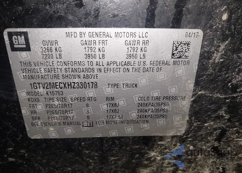 2017 GMC Sierra 1500 Sle z USA, uszkodzony, nr VIN 1GTV2MECXHZ330178